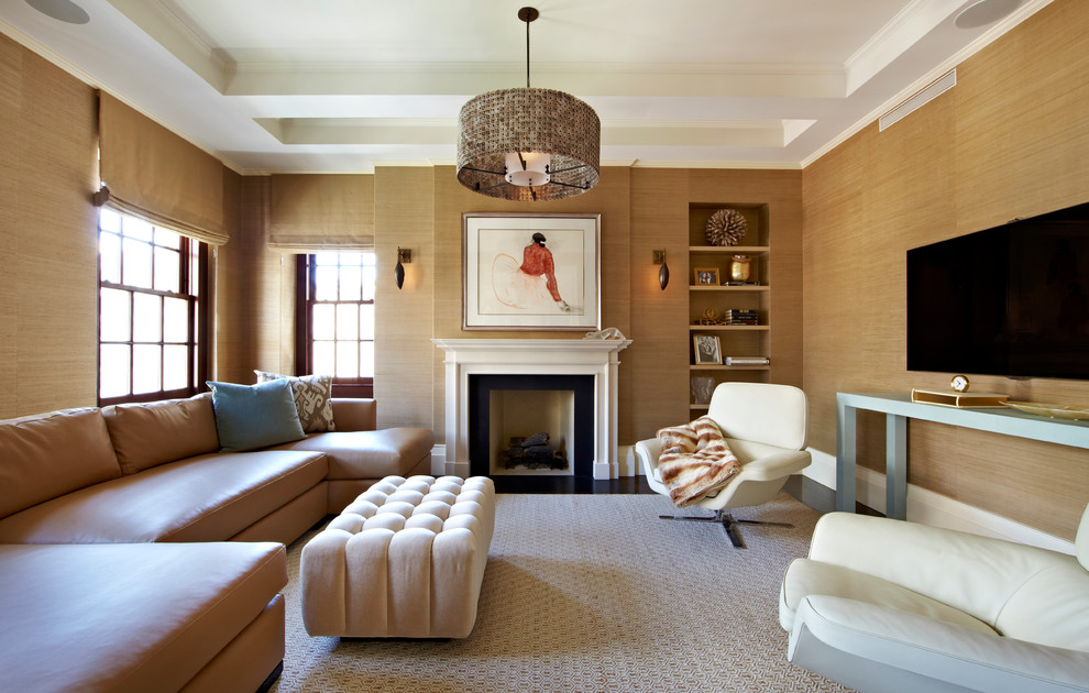 На фото: большая изолированная, парадная гостиная комната в стиле неоклассика (современная классика) с бежевыми стенами, темным паркетным полом, стандартным камином, отдельно стоящим телевизором, фасадом камина из дерева и коричневым полом