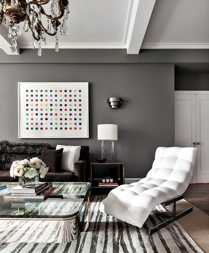 Example of a trendy dark wood floor living room design in New York with gray walls