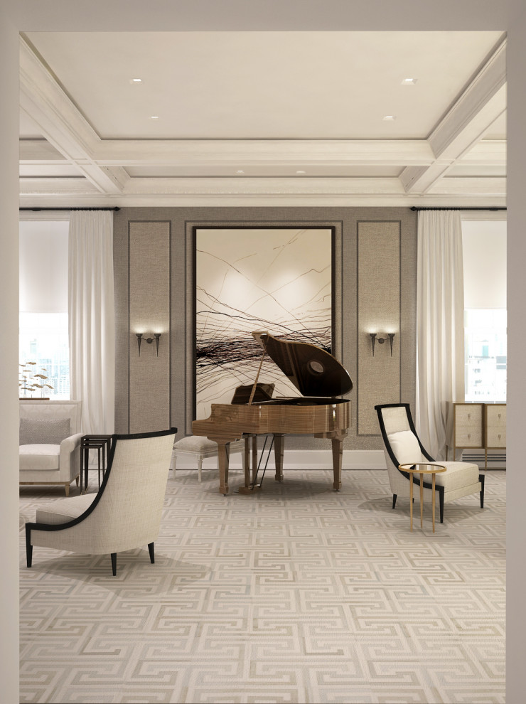 Inspiration pour un grand salon traditionnel ouvert avec une salle de réception, un mur beige, un plafond à caissons et du lambris.