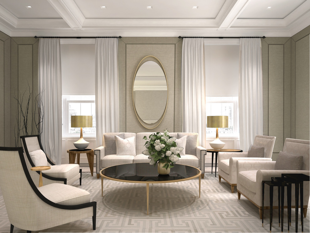 Diseño de salón para visitas abierto clásico renovado grande con paredes beige, casetón y panelado