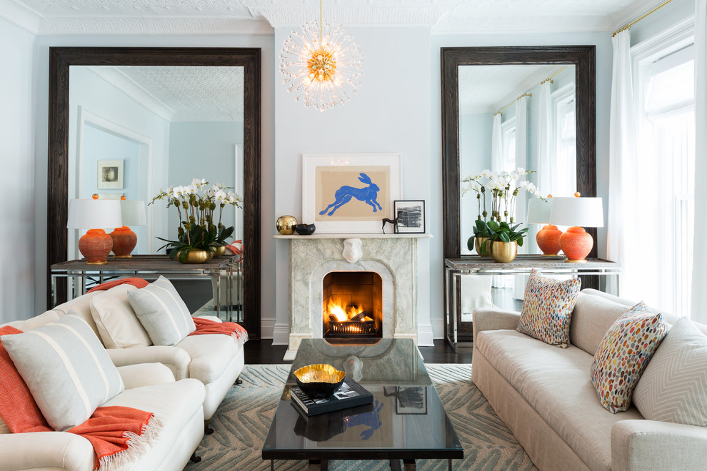 Living room - large transitional formal and open concept dark wood floor living room idea in New York with gray walls, a standard fireplace, a stone fireplace and no tv