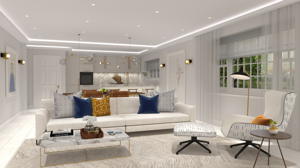 Idee per un soggiorno moderno di medie dimensioni e chiuso con sala formale, pareti bianche, pavimento in legno verniciato, parete attrezzata e pavimento bianco