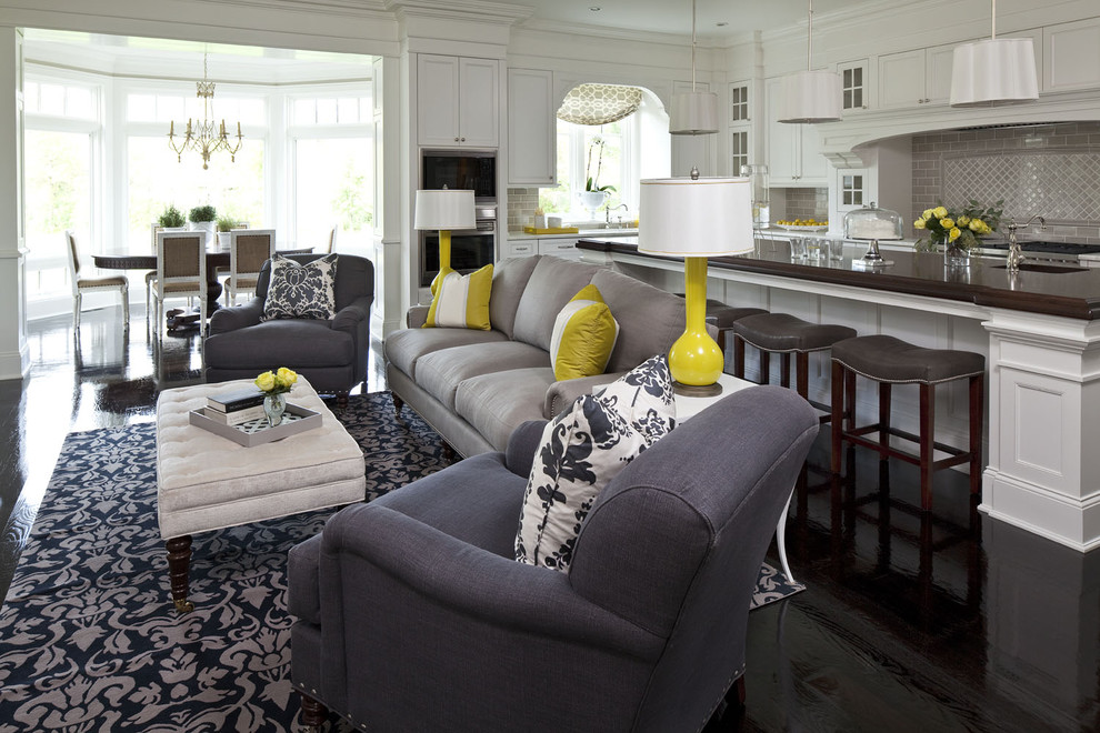 Mid-sized elegant open concept living room photo in Minneapolis with white walls and no fireplace