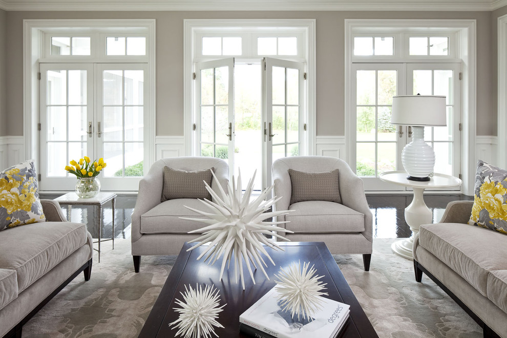 Huge elegant formal and open concept living room photo in Minneapolis with gray walls