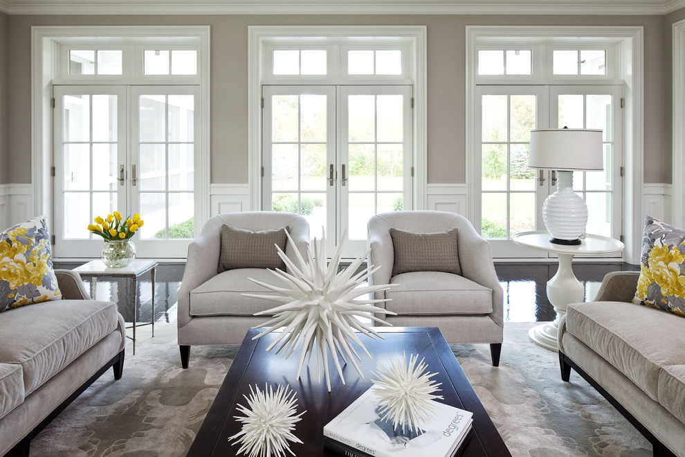 Living room - huge transitional formal and open concept living room idea in Minneapolis with gray walls