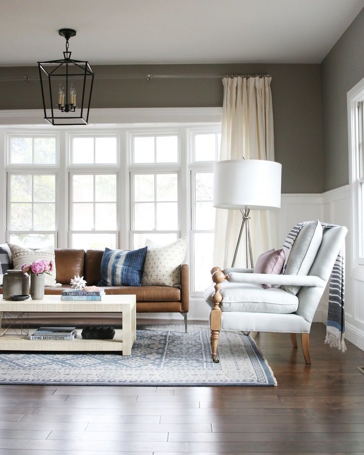 Example of a mid-sized transitional enclosed dark wood floor living room design in Salt Lake City with gray walls