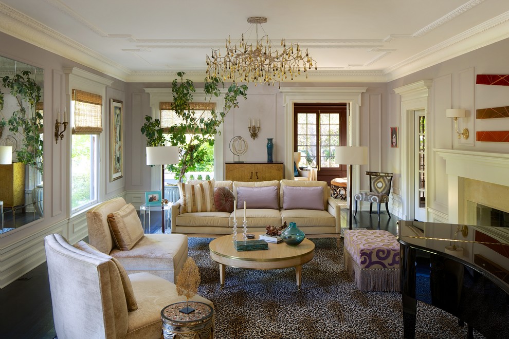 Example of a huge eclectic enclosed dark wood floor living room design in Los Angeles with a music area, purple walls, a standard fireplace, no tv and a stone fireplace