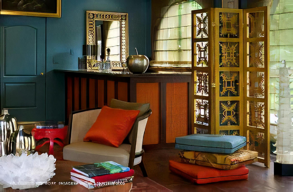 Inspiration för stora eklektiska separata vardagsrum, med blå väggar, klinkergolv i porslin och flerfärgat golv