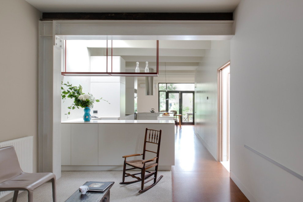 Esempio di un piccolo soggiorno minimalista chiuso con pareti bianche, pavimento in sughero, TV autoportante e pavimento marrone
