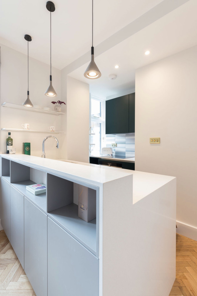 This is an example of a small contemporary kitchen in London with light hardwood flooring and brown floors.