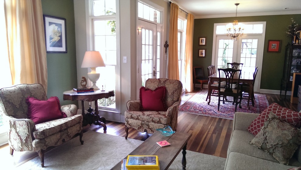 Medium sized classic open plan living room in Atlanta with beige walls, medium hardwood flooring, a standard fireplace and no tv.