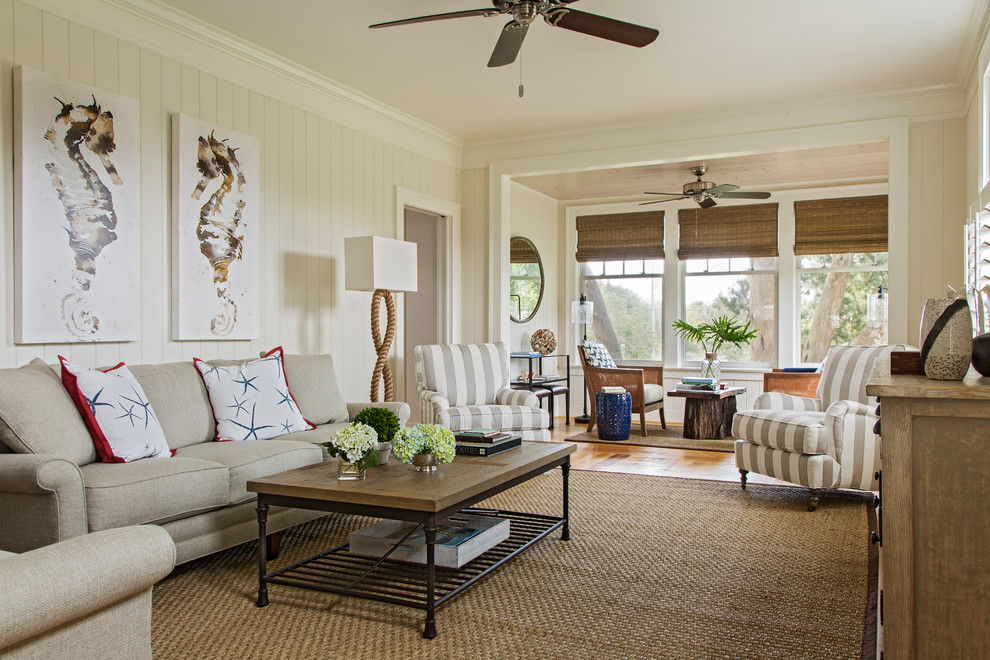 Photo of a medium sized nautical living room in Charleston with medium hardwood flooring and beige walls.