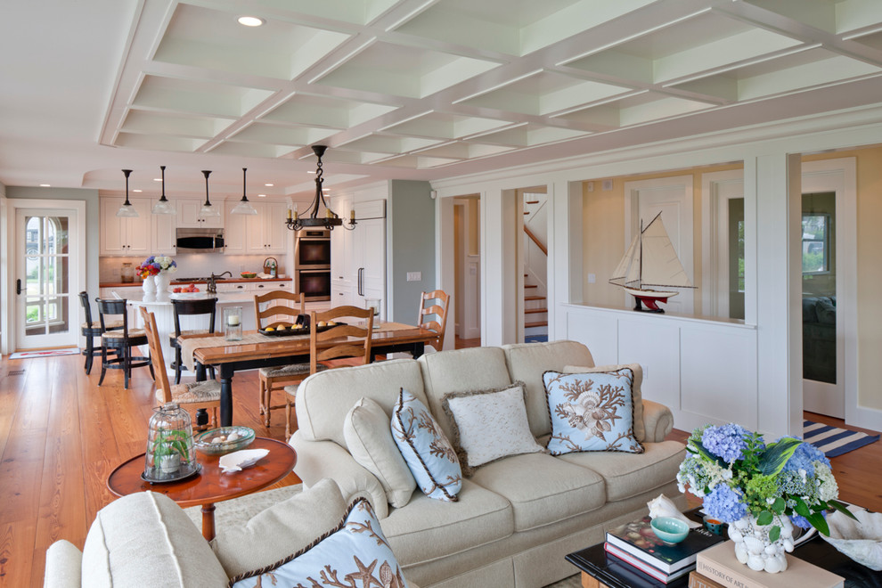 Example of a mid-sized beach style formal and enclosed medium tone wood floor and brown floor living room design in Boston with green walls, a standard fireplace, a stone fireplace and no tv