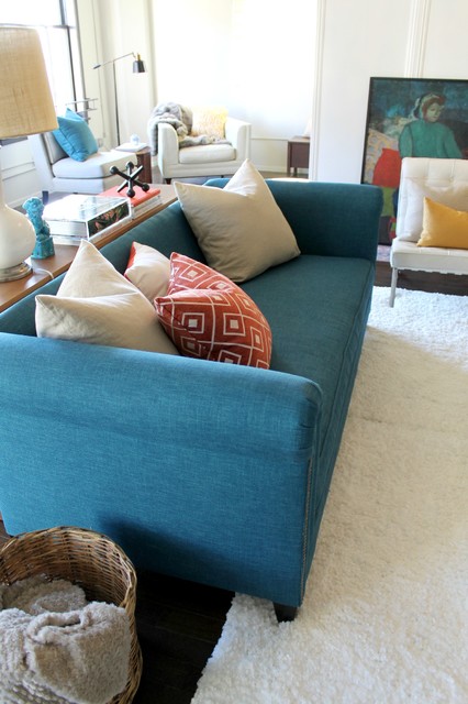 Peacock Teal Chesterfield Sofa With Orange And Teal Color Scheme In Loft Eclectic Living Room Los Angeles By Madison Modern Home Houzz