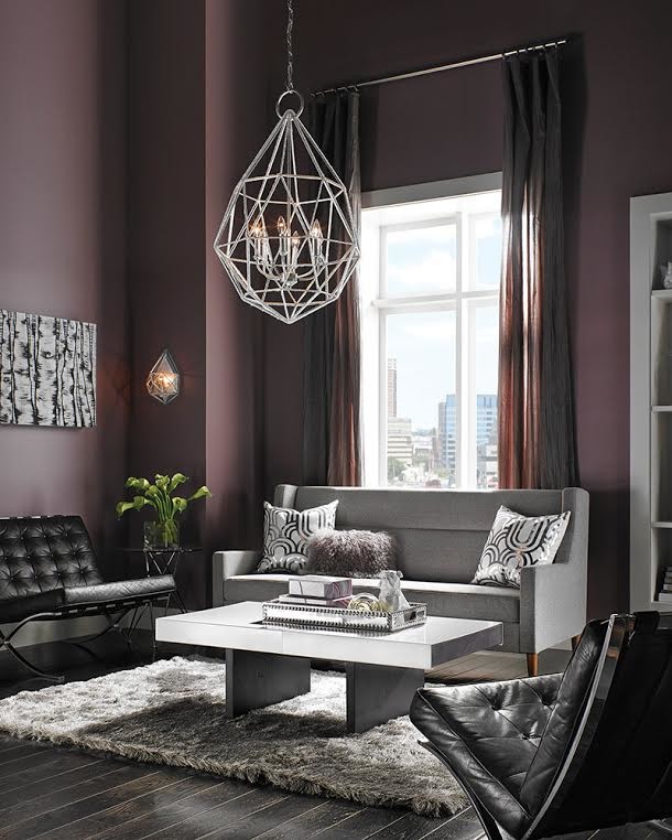 Inspiration for a mid-sized contemporary enclosed dark wood floor and brown floor living room remodel in Toronto with purple walls
