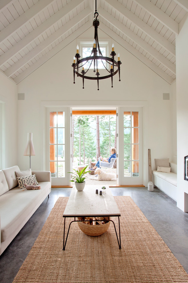 Идея дизайна: гостиная комната в скандинавском стиле с белыми стенами и бетонным полом