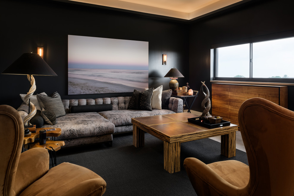 Идея дизайна: парадная гостиная комната в морском стиле с черными стенами без камина