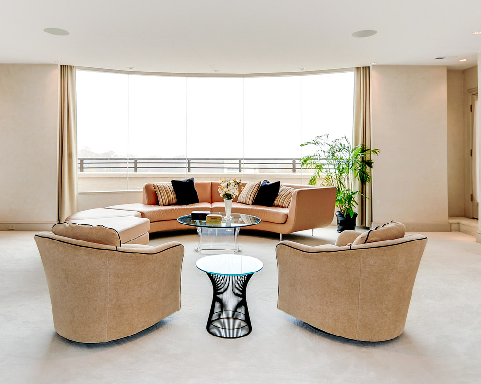 Inspiration for a large transitional formal and open concept carpeted living room remodel in DC Metro with beige walls, no fireplace and no tv