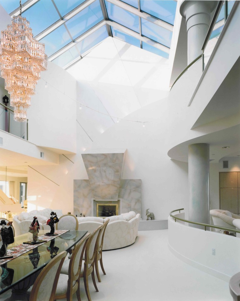Exempel på ett mycket stort modernt allrum med öppen planlösning, med ett finrum, vita väggar och marmorgolv