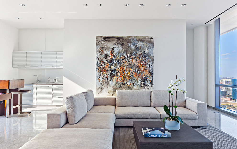 Inspiration for a modern living room remodel in Dallas with white walls