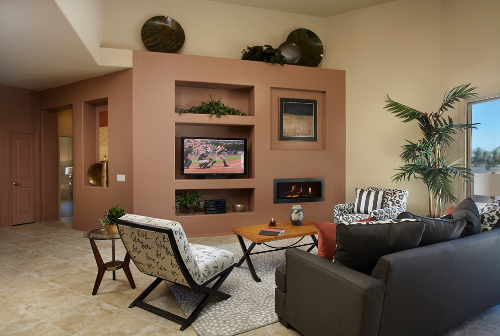 Inspiration for a mid-sized contemporary open concept ceramic tile living room remodel in Phoenix with beige walls, a media wall and a ribbon fireplace