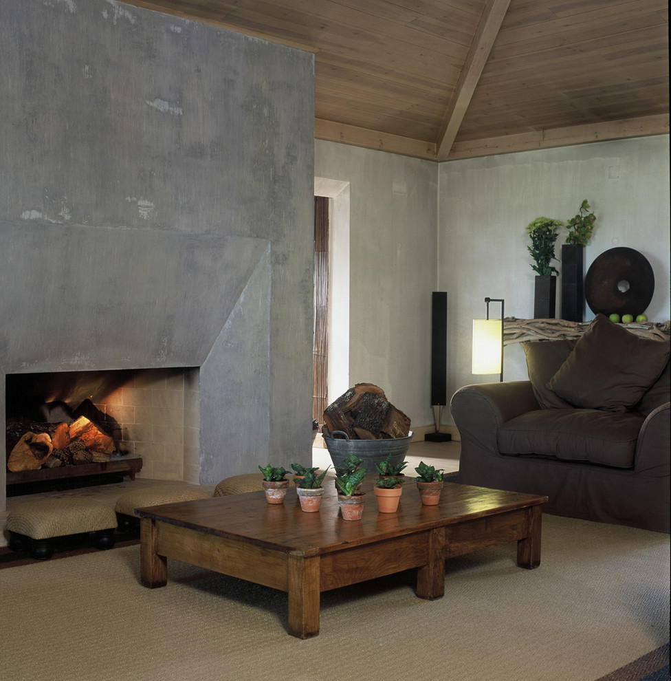 На фото: гостиная комната среднего размера в современном стиле с серыми стенами, стандартным камином и фасадом камина из бетона с