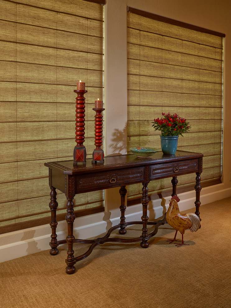 Small mountain style open concept carpeted living room photo in Los Angeles with beige walls