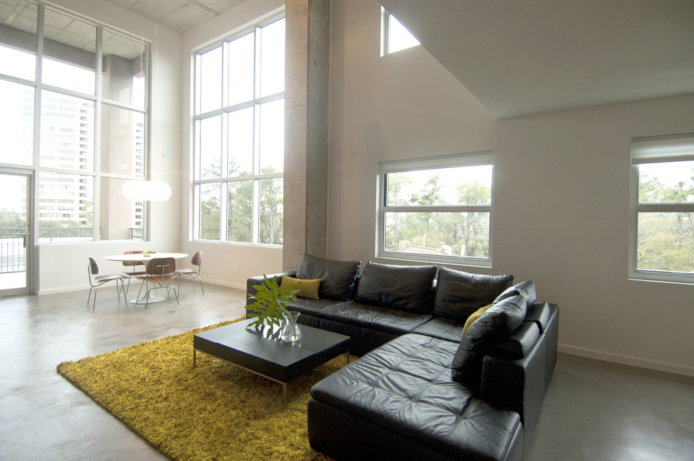 Modernes Wohnzimmer mit weißer Wandfarbe und Betonboden in Houston