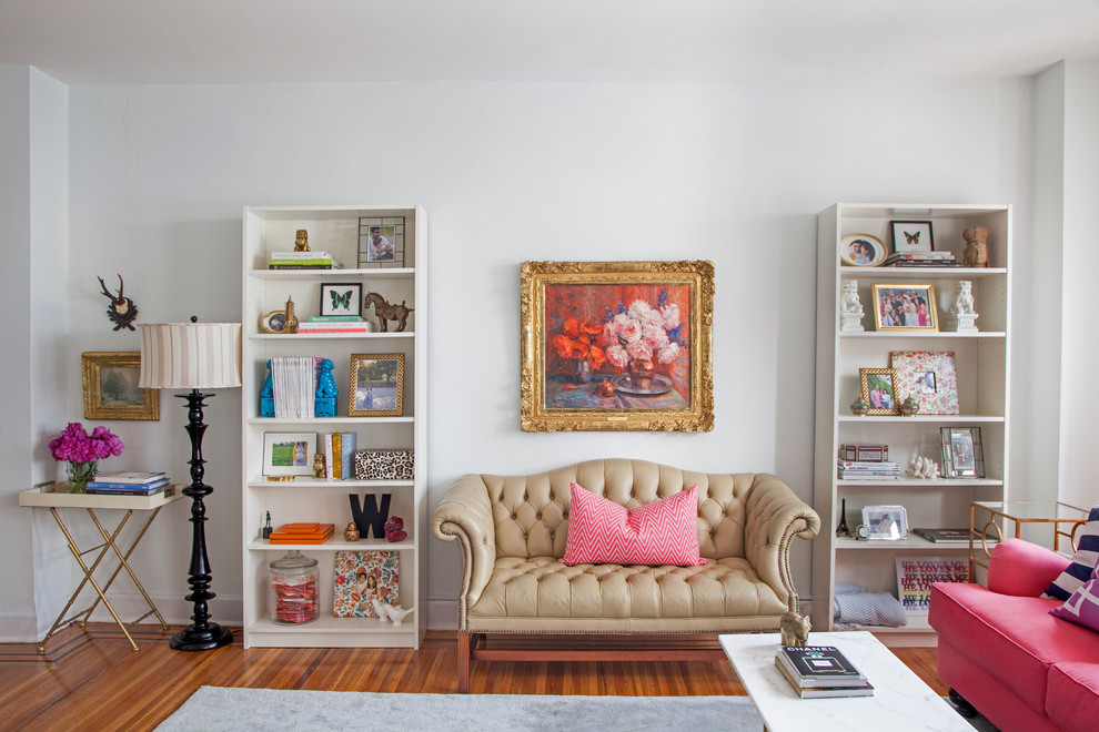 Inspiration for an eclectic living room remodel in Philadelphia with white walls
