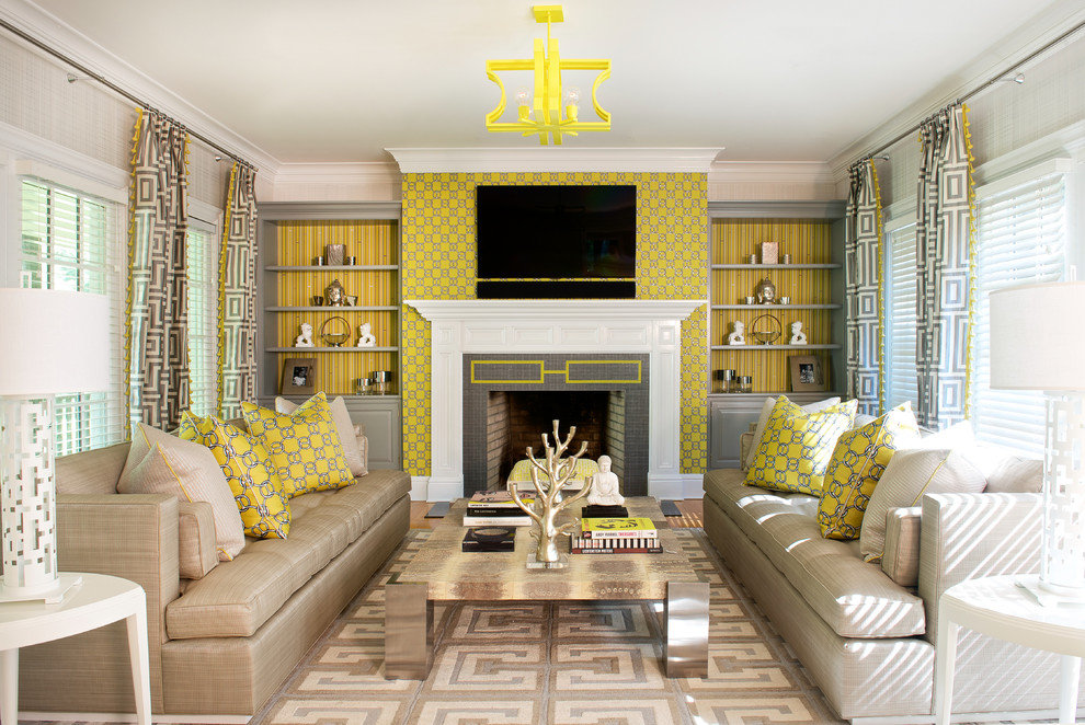 Design ideas for a large contemporary formal and grey and yellow enclosed living room in New York with beige walls, light hardwood flooring, a standard fireplace, a wall mounted tv and a tiled fireplace surround.