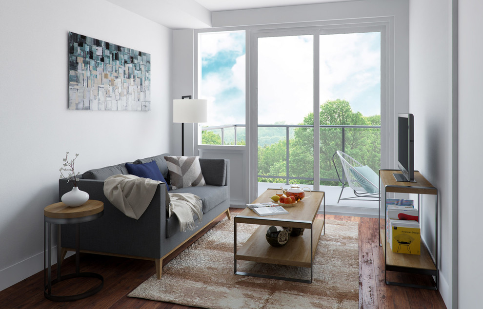 Esempio di un piccolo soggiorno minimalista aperto con pareti bianche, parquet scuro e TV autoportante
