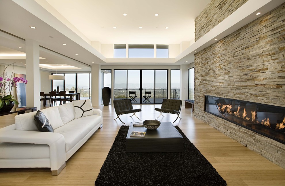Пример оригинального дизайна: гостиная комната в современном стиле с горизонтальным камином, полом из бамбука и фасадом камина из камня