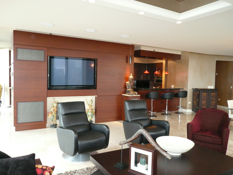 Стильный дизайн: гостиная комната в современном стиле с мультимедийным центром и акцентной стеной - последний тренд