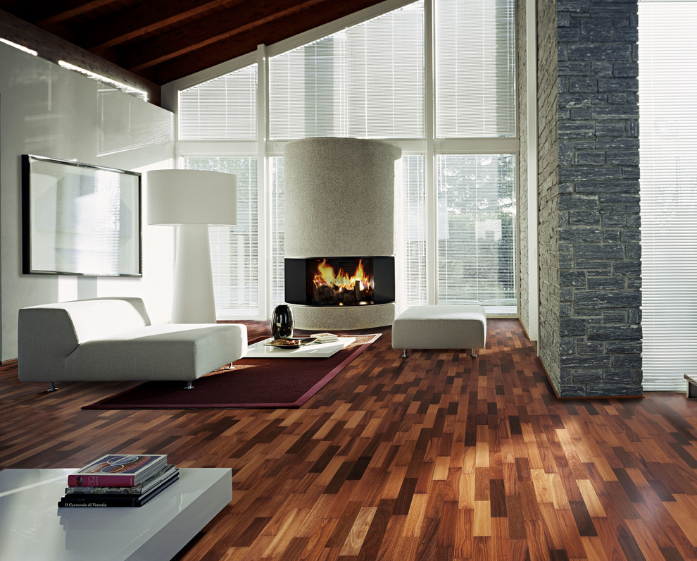 Immagine di un grande soggiorno moderno aperto con pavimento in legno massello medio e camino lineare Ribbon