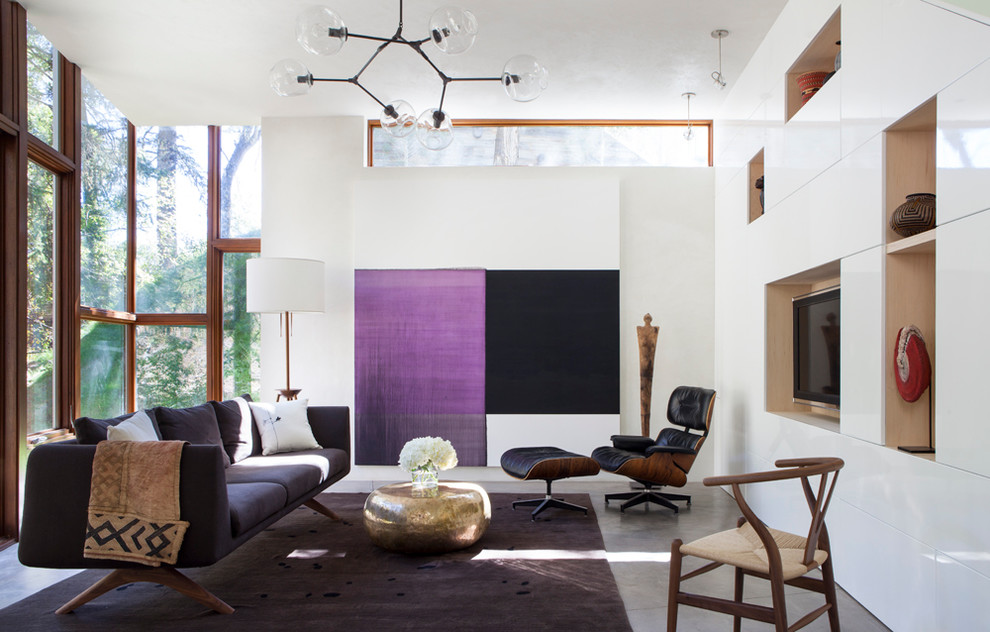 Esempio di un soggiorno design con pareti bianche, pavimento in cemento e parete attrezzata