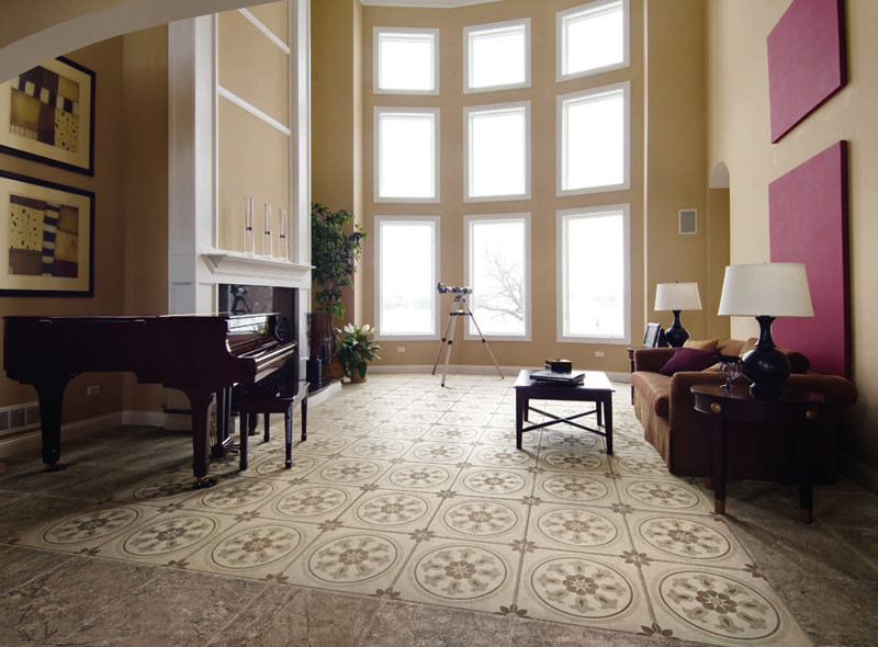 Foto di un soggiorno minimal aperto e di medie dimensioni con pareti beige, pavimento in gres porcellanato, camino classico e cornice del camino in intonaco