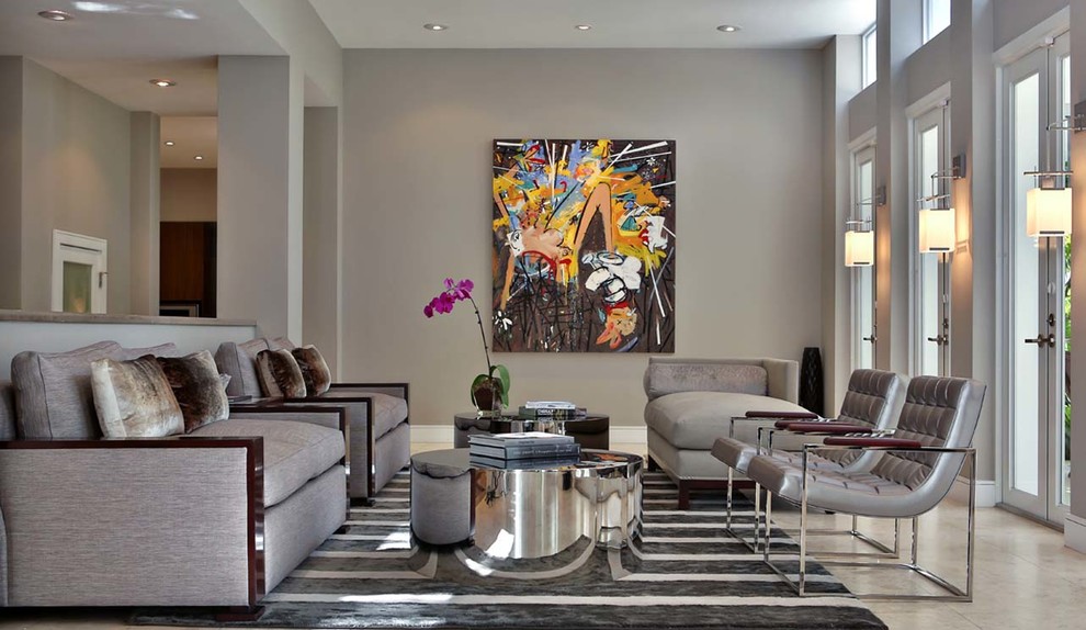 Living room - large contemporary formal and enclosed ceramic tile living room idea in Miami with gray walls, no fireplace and no tv