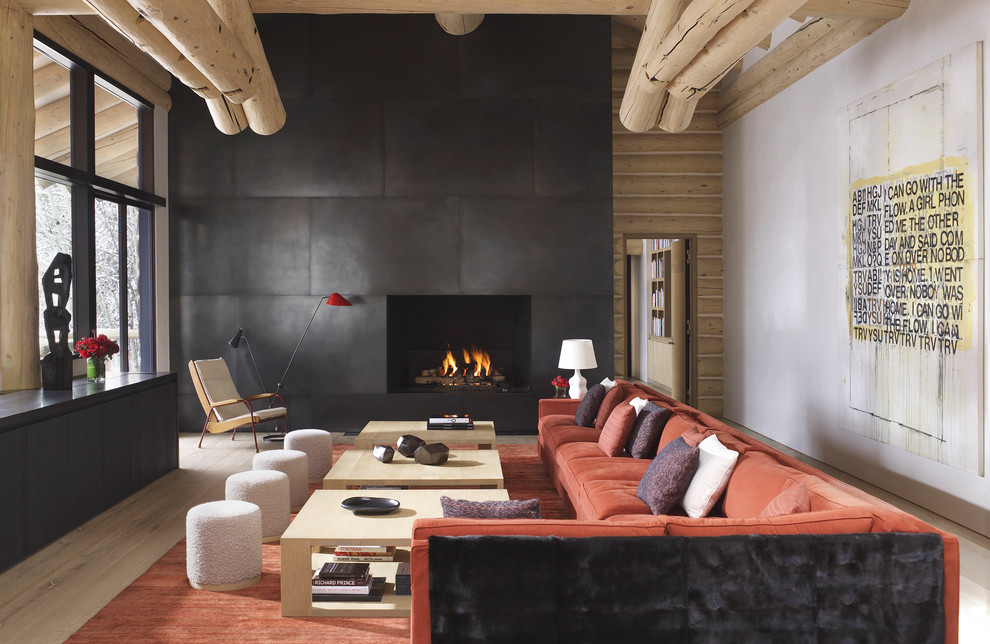 Photo of a contemporary living room in Seattle with a metal fireplace surround.