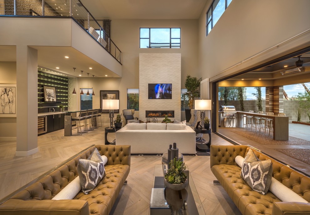 Inspiration for a contemporary formal open plan living room in Orange County with a ribbon fireplace, a built-in media unit and feature lighting.