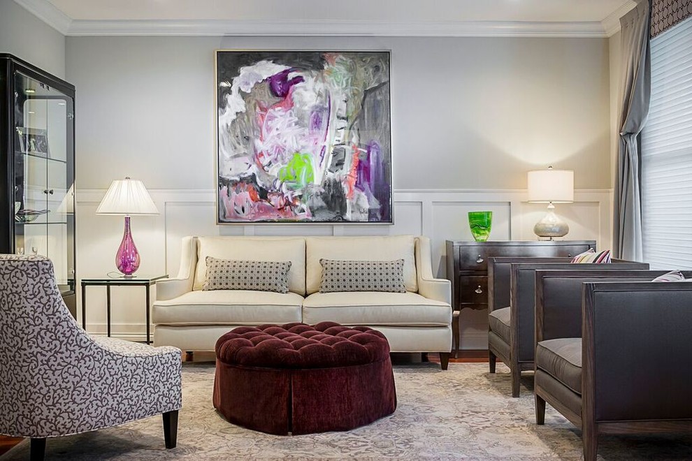 Plum, grey and Neutrals Living Room Transitional Living Room