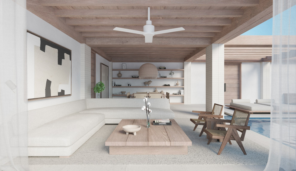 Esempio di un soggiorno minimalista aperto con pareti bianche, pavimento in pietra calcarea, pavimento beige e soffitto in legno