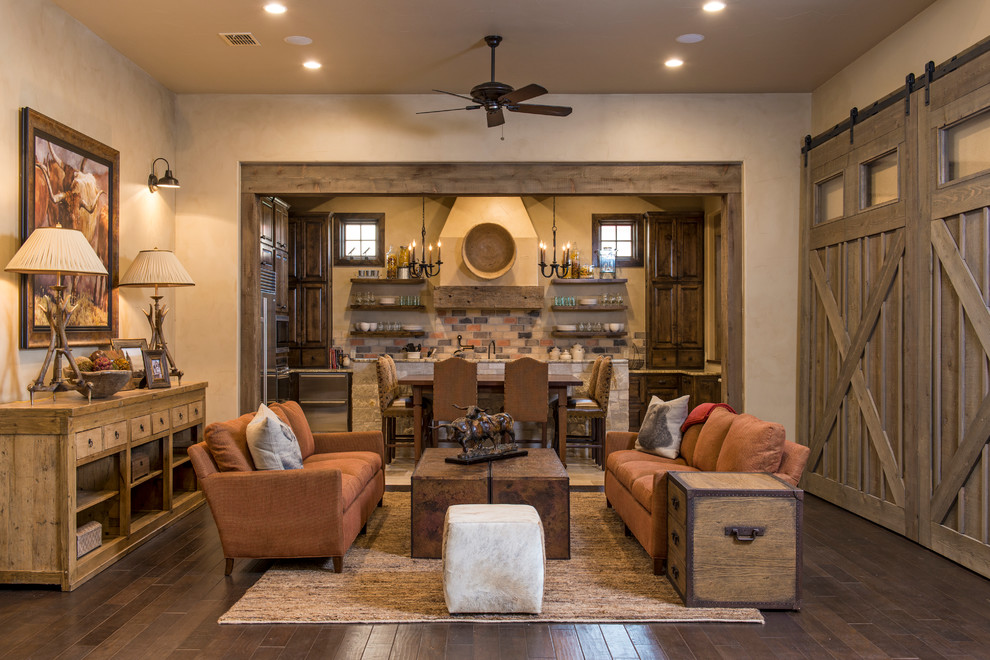 Inspiration for a rustic formal living room in Austin with beige walls, dark hardwood flooring and no tv.