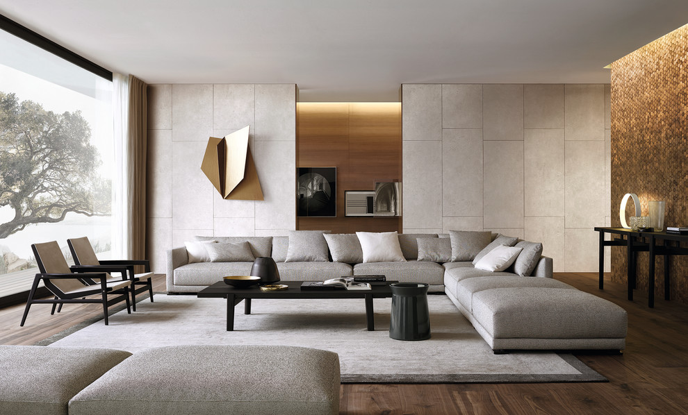 Источник вдохновения для домашнего уюта: большая гостиная комната в стиле модернизм с темным паркетным полом и ковром на полу без камина, телевизора