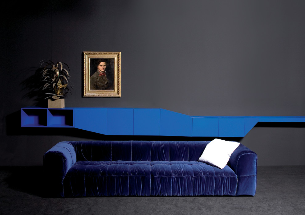 Свежая идея для дизайна: большая открытая гостиная комната в современном стиле с серыми стенами - отличное фото интерьера