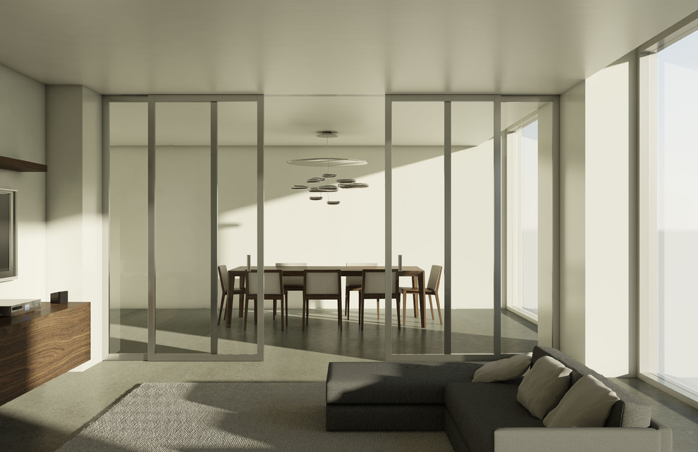 Свежая идея для дизайна: большая открытая гостиная комната в скандинавском стиле с белыми стенами и телевизором на стене - отличное фото интерьера