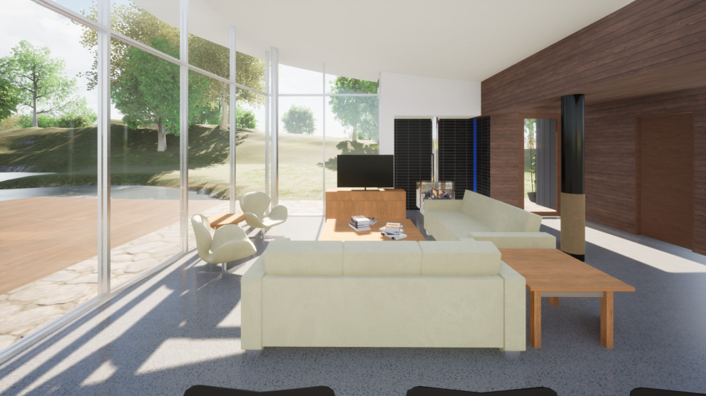 Idée de décoration pour un salon minimaliste en bois de taille moyenne et ouvert avec un mur marron, un sol en linoléum, aucun téléviseur, un sol gris, un plafond voûté, un poêle à bois et un manteau de cheminée en carrelage.