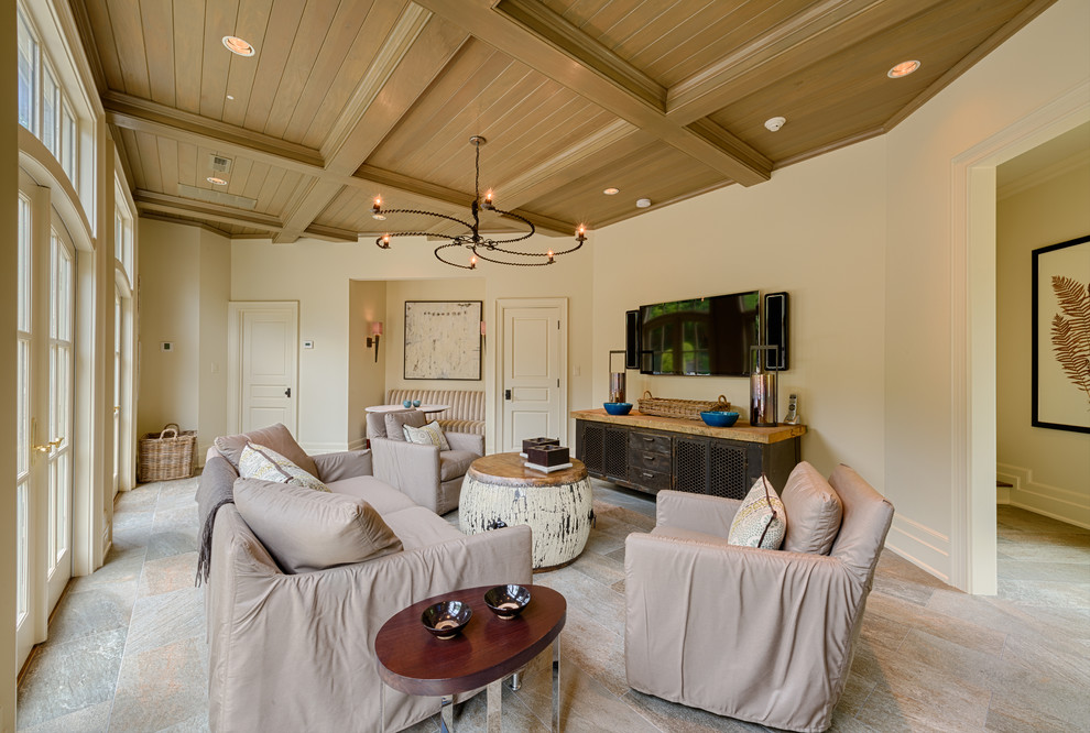 Example of a transitional living room design in Charlotte with beige walls and a wall-mounted tv