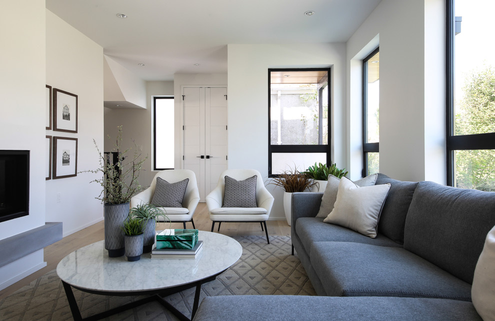 Ispirazione per un soggiorno design con pareti bianche, parquet chiaro e pavimento beige