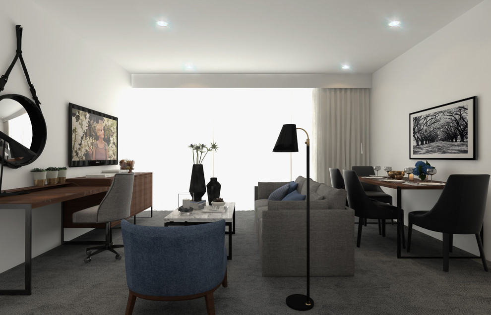 Small contemporary enclosed living room in Sydney with white walls, carpet and no fireplace.
