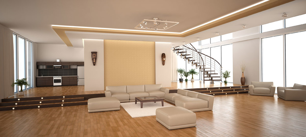 Geräumiges, Repräsentatives, Offenes Modernes Wohnzimmer mit weißer Wandfarbe und braunem Holzboden in Los Angeles